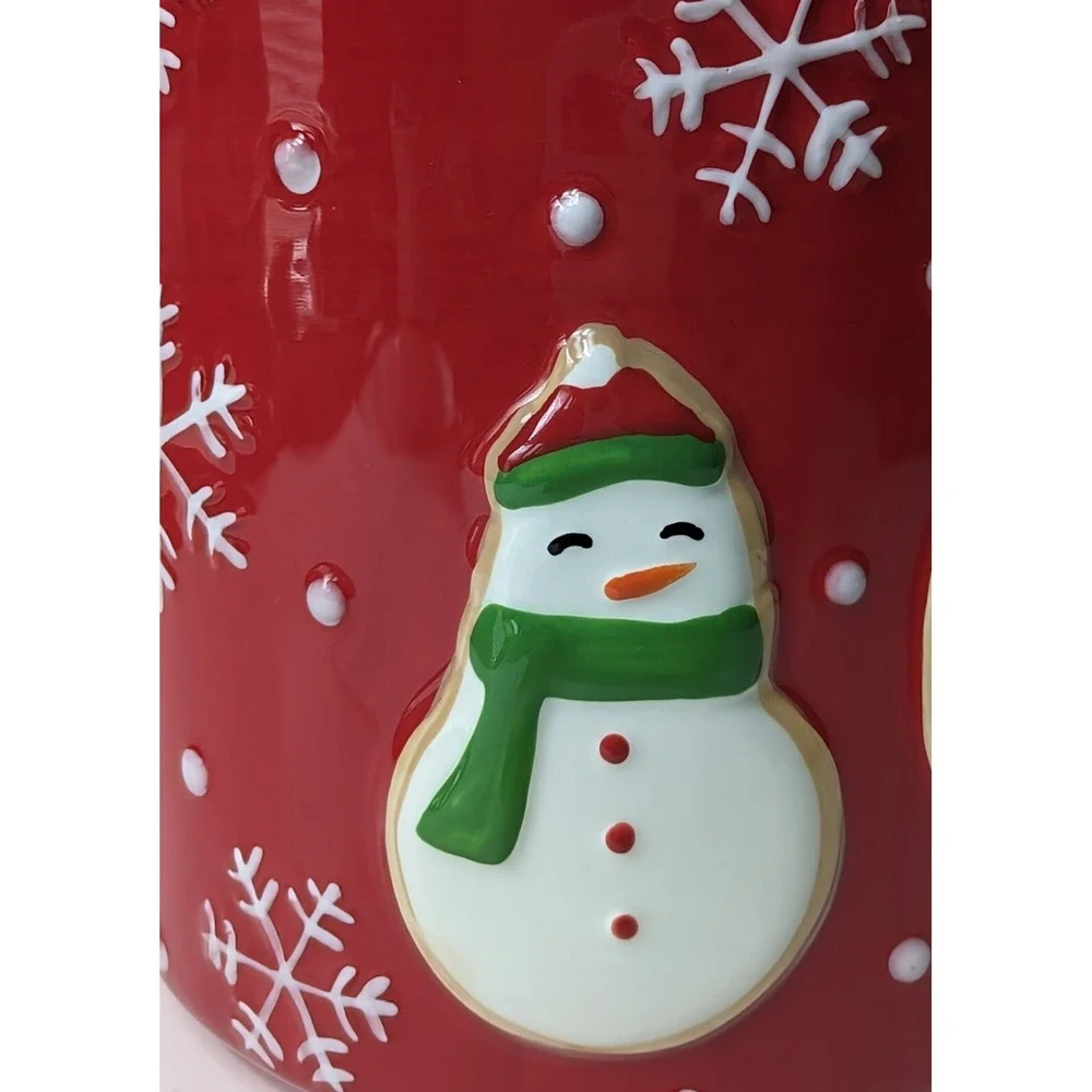 Hallmark Christmas Red Cookie Jar Canister 3 Snowmen Snowflakes 9